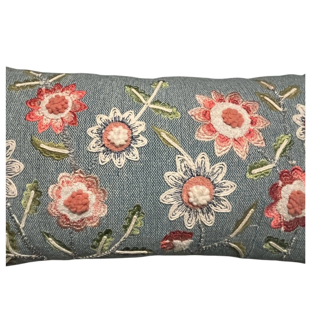 Cottagecore multi floral embroidered rectangular accent pillow dusty blue 24x13”